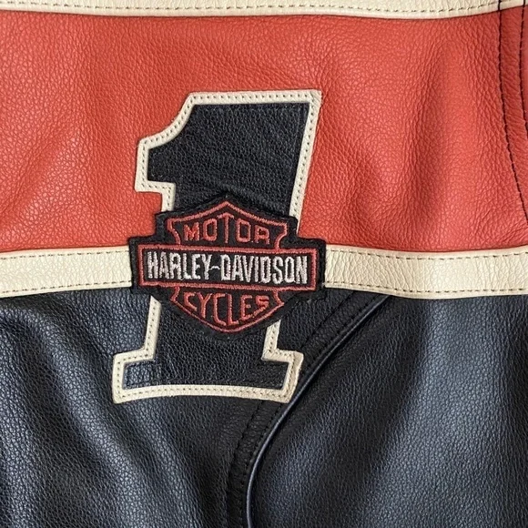 Authentic Men's Harley Davidson Black & Orange Leather Jacket Small EUC​​​​​​​​ - Picture 2 of 8